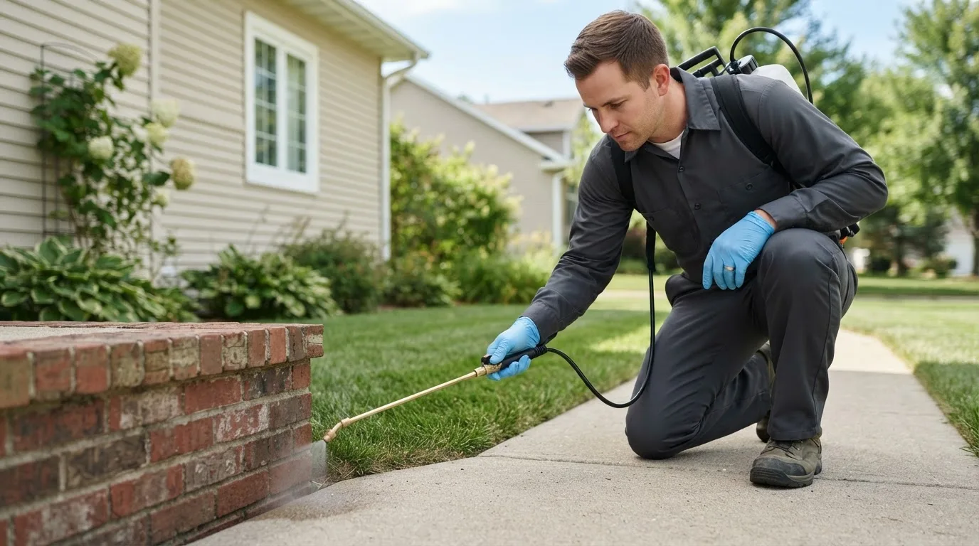 Pest control technician treating a home near Saint James, NY